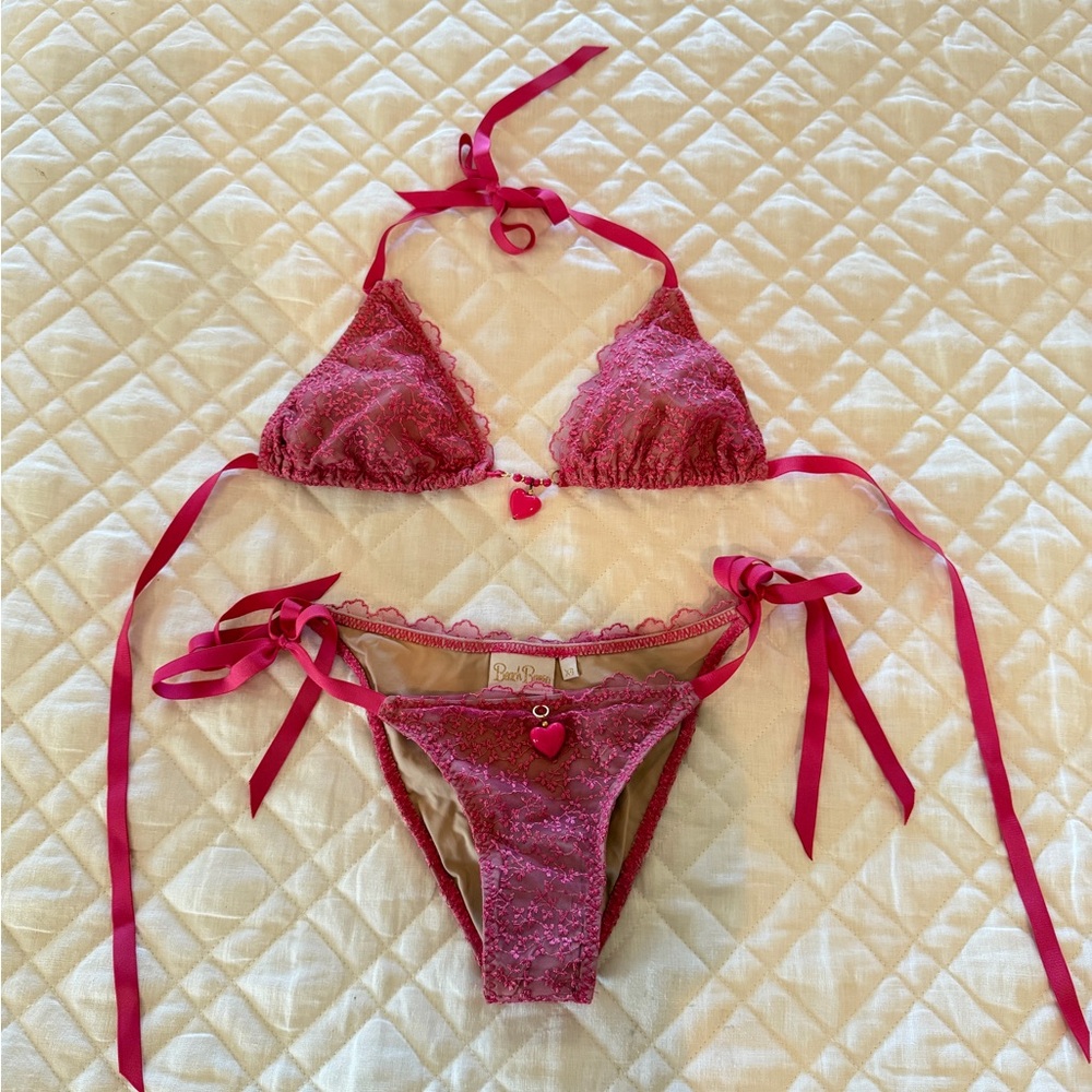 Beach Bunny Pink Heart Charm Lace Bikini Top